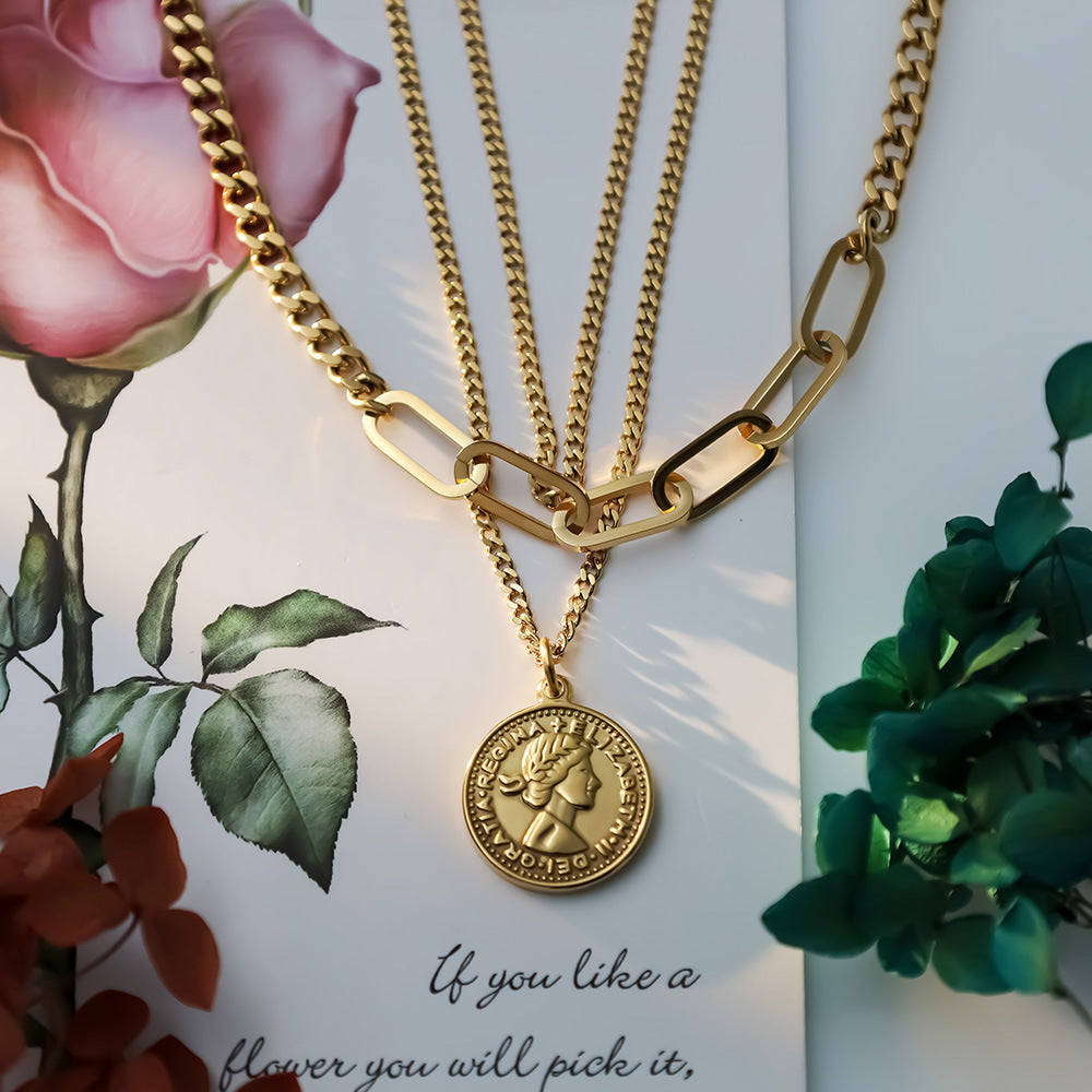 Vintage French Layered Coin Pendant Necklace for Women