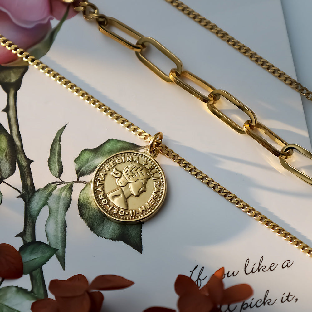 Vintage French Layered Coin Pendant Necklace for Women