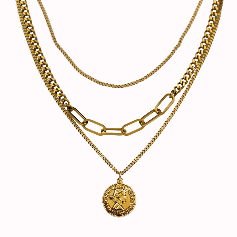 Vintage French Layered Coin Pendant Necklace for Women